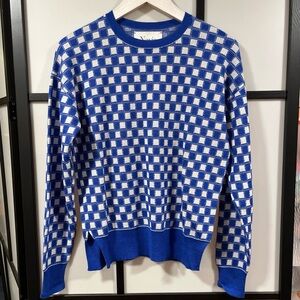 Novis NYC Blue White Checkered Silk Cashmere Crewneck Sweater Women’s Medium